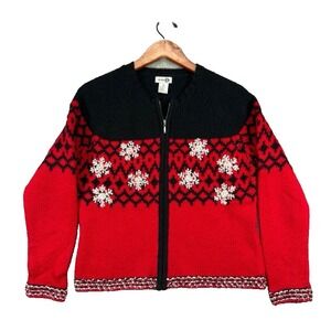 Womens Sweaters Cardigan Medium Wool Blend Paul Harris Design Red Fair Isle Zip